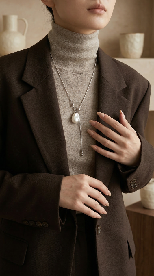 Person wearing a brown blazer and turtleneck with a big pearl necklace, in a warm-toned indoor setting.